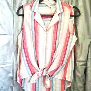 beachlunchlounge Sleeveless Knot at the Waist Striped Button Up Top 0085